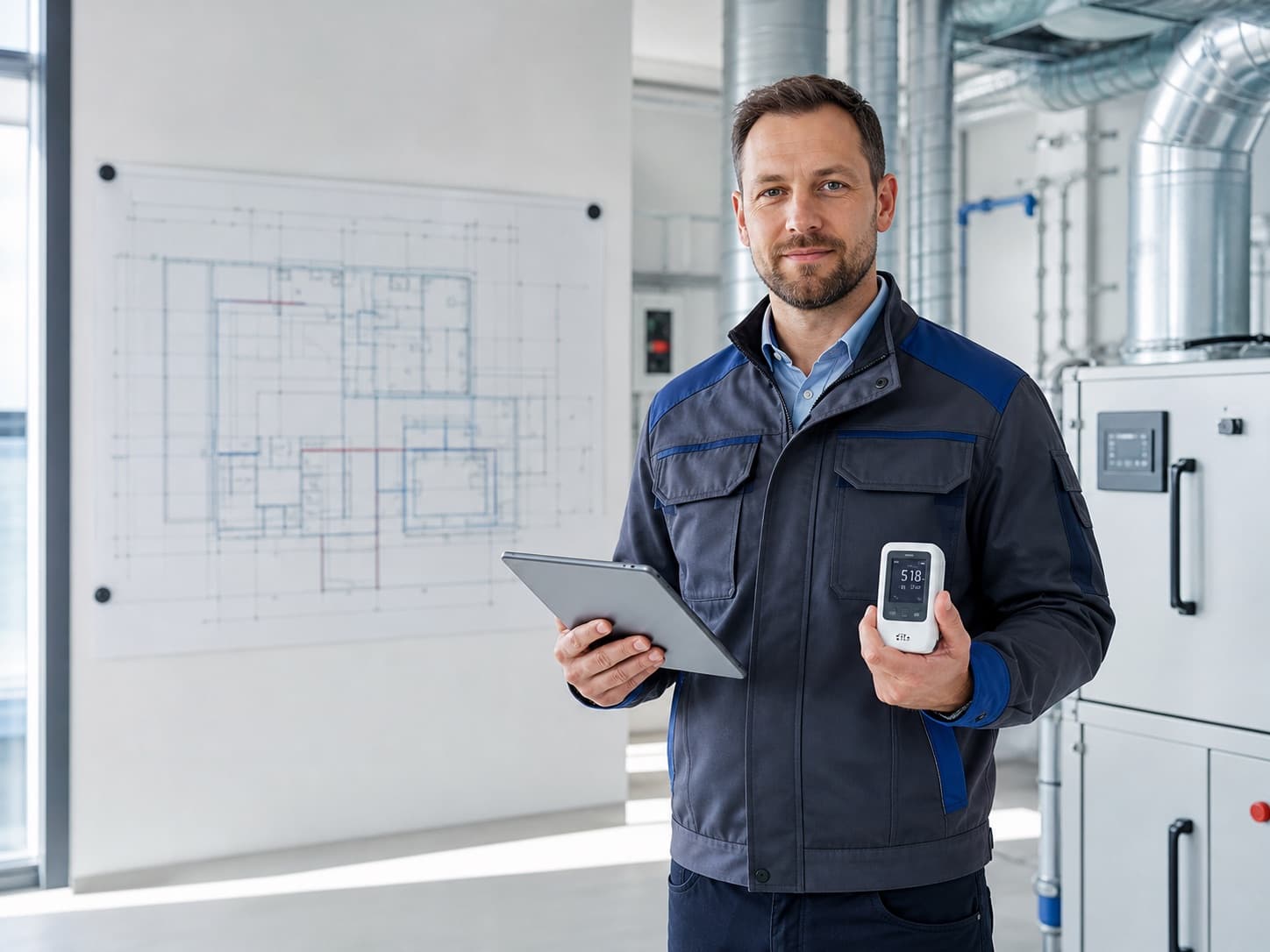 Fictional HVAC specialist reviewing building data and equipment service documentation