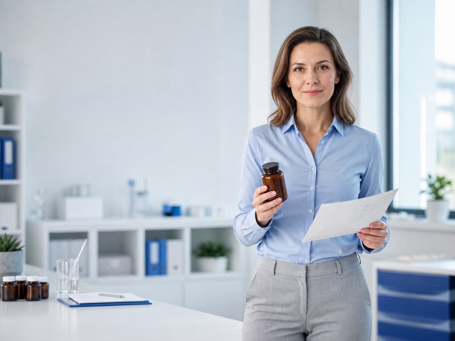 A fictional dietitian reviewing a supplement label at a table with food products