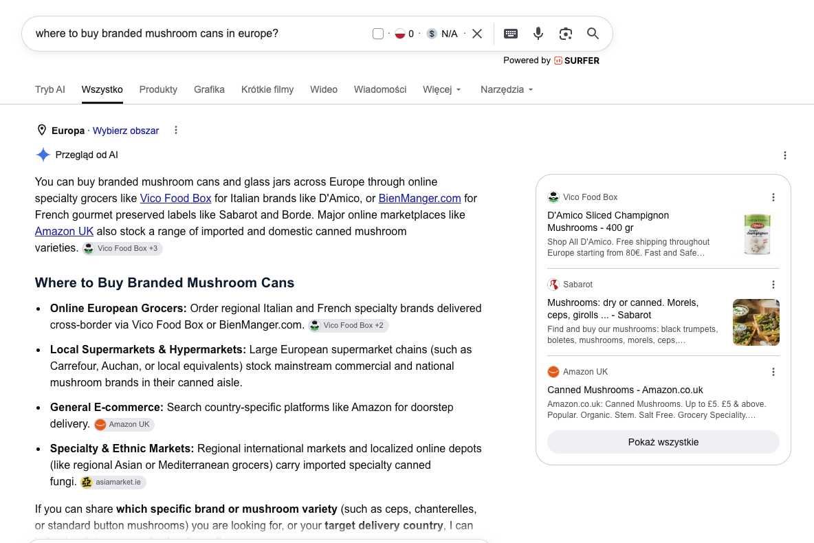 Google AI Overviews answer about where to buy branded mushroom cans in Europe, with several brand names in the response