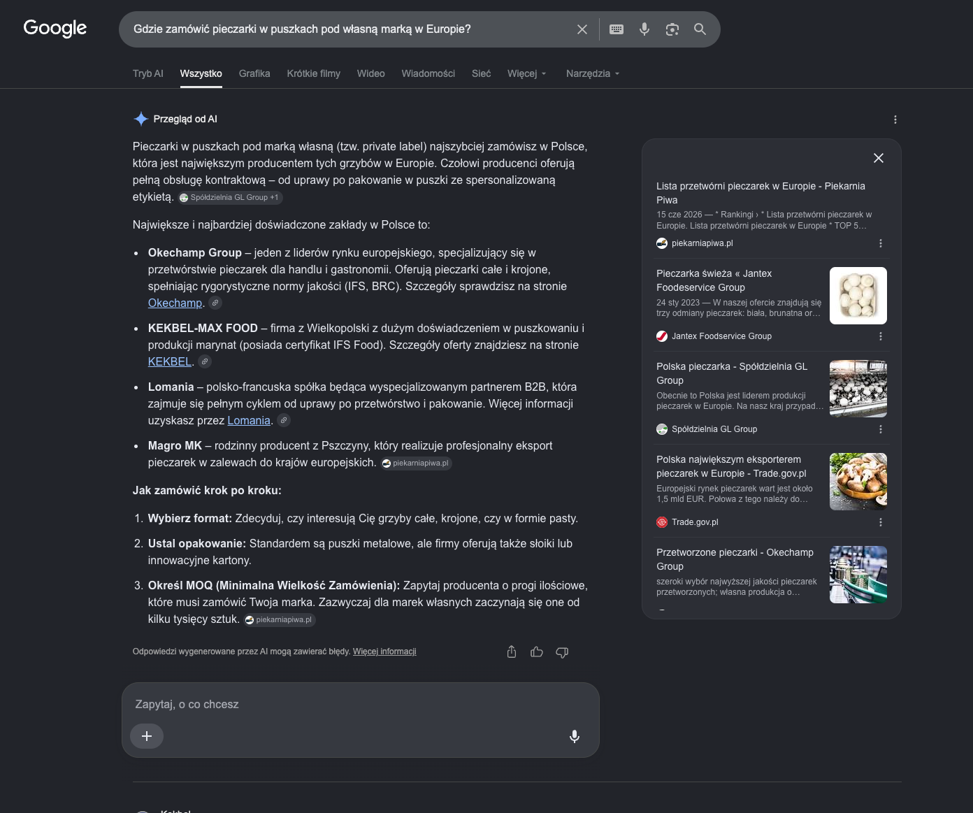 Odpowiedź Google AI Overviews na pytanie o producentów pieczarek w puszkach z wymienionymi nazwami firm