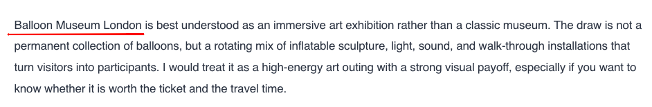 Paragraph about an art exhibition with an unlinked mention of Balloon Museum London underlined in red