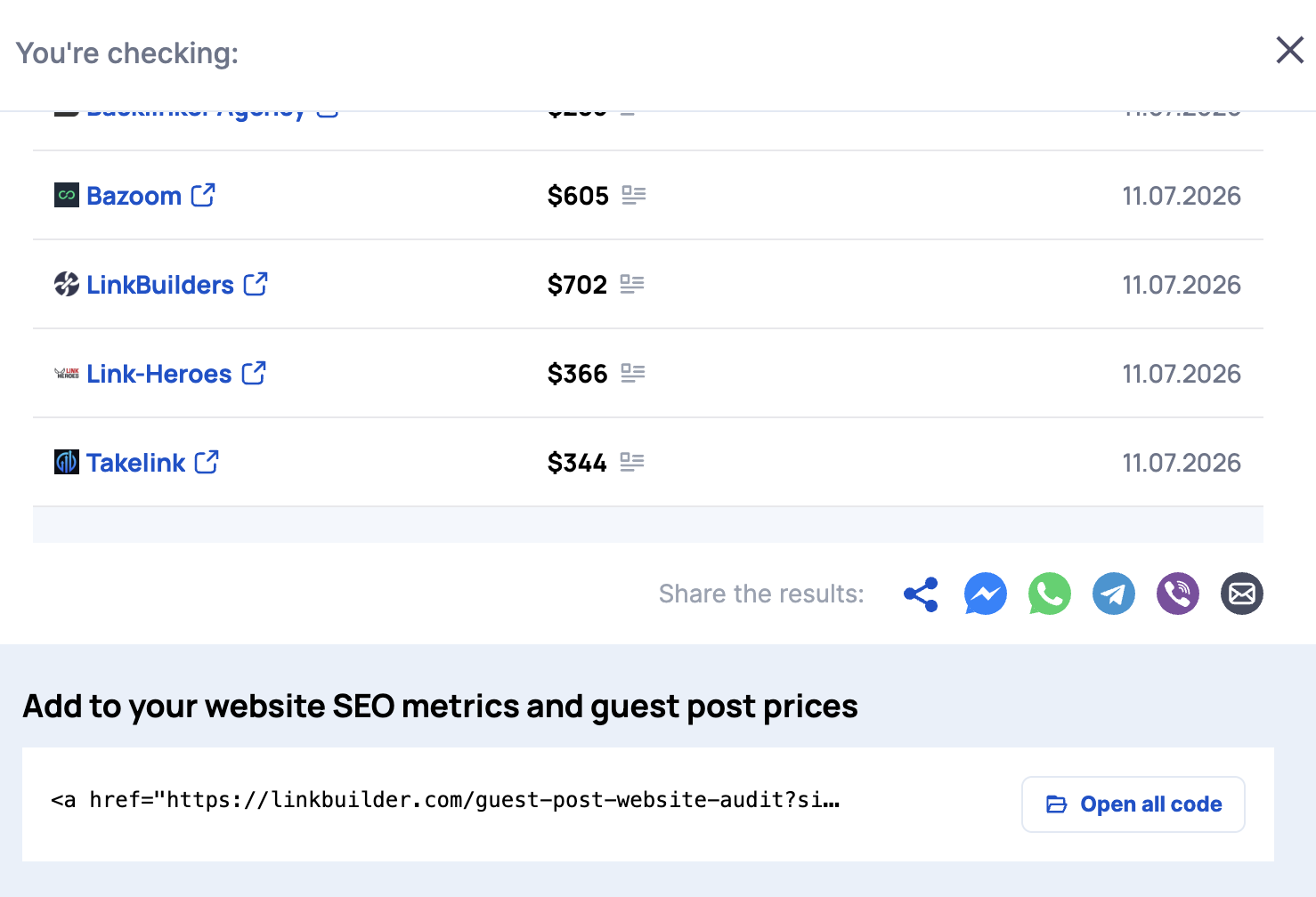 Porównanie cen tej samej domeny w linkbuilder.com - Bazoom 605 USD vs TakeLink 344 USD